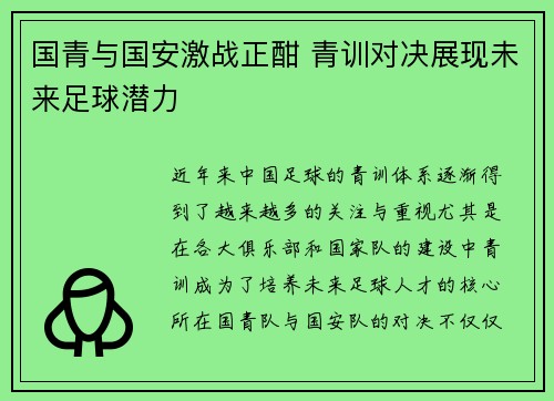 国青与国安激战正酣 青训对决展现未来足球潜力